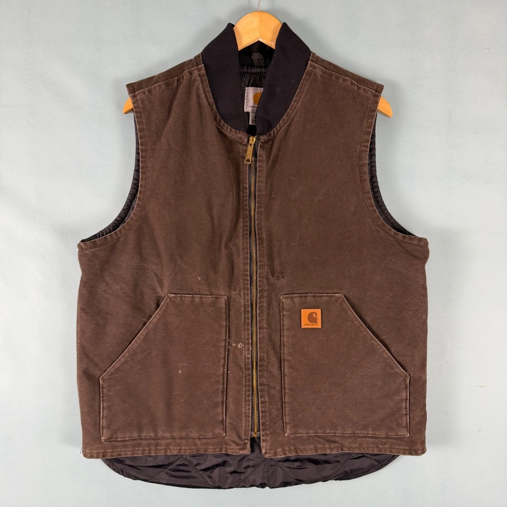 Y2K Carhartt Mens L Tall Brown V02 DKB Duck Canvas Quilted Workwear Vest Faded